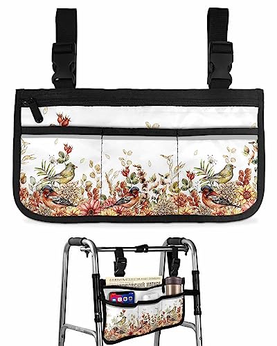 Eucalyptus Leaves Wheelchair Side Bag Walker Bag, Country Botanical Birds Floral Wheelchair Accessories Armrest Pouch, Organizer Storage Bag for Walkers, Rollators, Scooters, 7.3''x13''