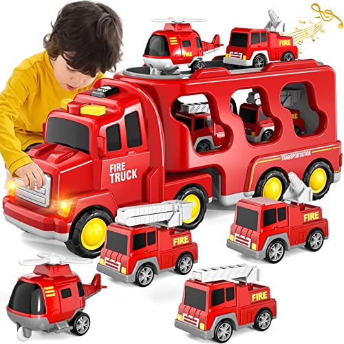 iHaHa Fire Truck Toys for 1 2 3 4 5 6 Years Old Boys Toddler, 5 in 1 Kids Carrier Toy Birthday, Car Friction Power Toys with Light Sound