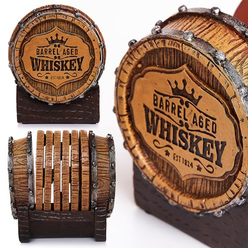 Cabin Obsession Whiskey Barrel Coaster Set – Handcrafted Whiskey Barrel Decor for Whiskey Lovers and Man Cave Gifts for Men - 6 Full Size Whiskey Coasters with Barrel Style Holder for Man Cave Décor - Thumbnail 5
