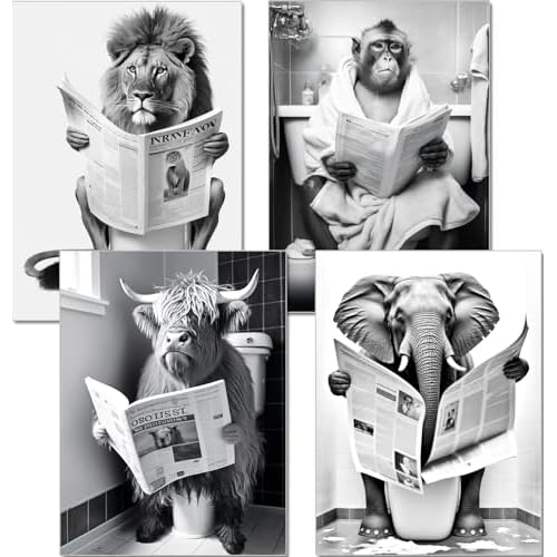 artpin® WC Deko Poster Badezimmer Bilder - A4 Kunstdruck schwarz weiß Toilette Wanddeko 4er Set Hochlandrind Affe Löwe Elefant Safari B19