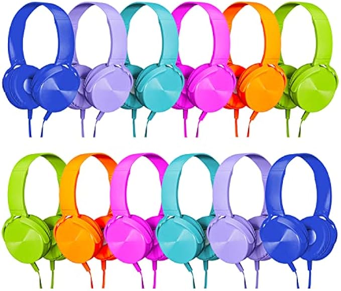 24 Pack Bulk Headphones for Classroom, Wholesale Multi Colored Student Comfy Swivel Earphones for Library, School, Airplane, Kids for Online Learning and Travel, Noise Stereo Sound (24 Pack)