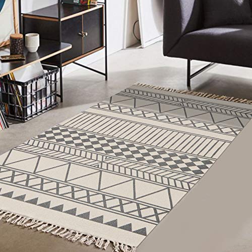 KIMODE Moroccan Cotton Area Rug,Hand Woven Chic Diamond Print Tassels Throw Rugs Door Mat with Non-Slip Pads,Indoor Area Rugs for Bathroom,Bedroom,Living Room,Laundry Room,3' x 5'