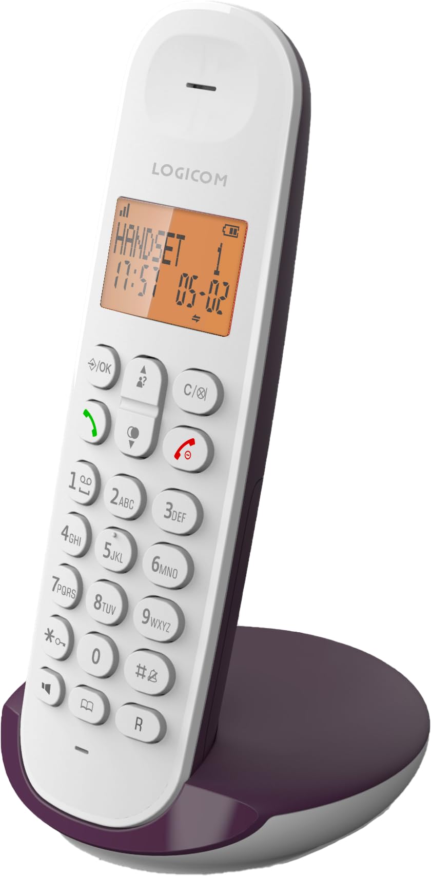 Logicom ILOA 150 DECT Schnurlostelefon – Freisprechfunktion – Großes 4-Zeilen Display – 300 m Reichweite – 7h Gesprächszeit – 90h Standby – Aubergine