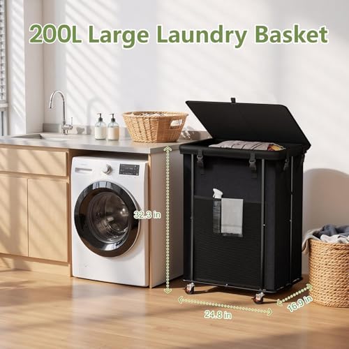 Image of 220L Laundry Hamper with Lid, Rolling Laundry Basket with Wheels, Large & Tall Dirty Clothes Hamper with Metal Frame and Removable Bag for Bedroom Aesthetic, Laundry Room, Bathroom, Dorm