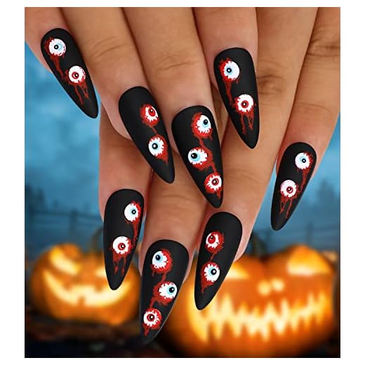 Artquee 24pcs Halloween Press on Nails Black Matte Medium Almond Fake Nail Art Scary Eyes Blood Eyeballs Designs False Nails Acrylic Stiletto Stick On Nails Tips for Women and Girls