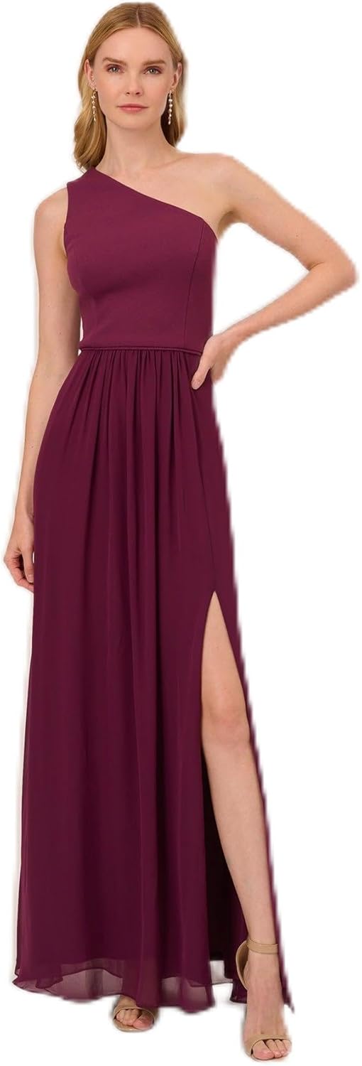 Adrianna Papell Women's One Shoulder Chiffon Gown | Long Evening Gown with Pleated Skirt, Fitted Bodice & Side Leg Slit, Cassis 16
