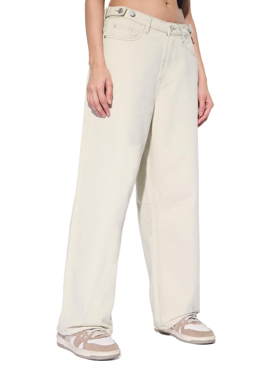 the souled store Barrel-Fit Denim: Ivory Dust Women and Girls Buttoned Waistband Solid Cotton Lightweight Everyday All-Season Loose Fit Jeans-picture-23