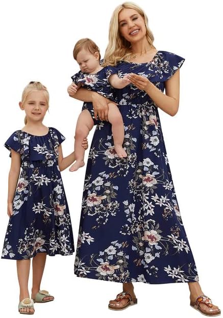 Miniatura 2 de PopReal - Vestidos con estampado floral a juego para madre e hija, de gasa, con volantes, manga corta, para la playa, con diadema, con tira de tela