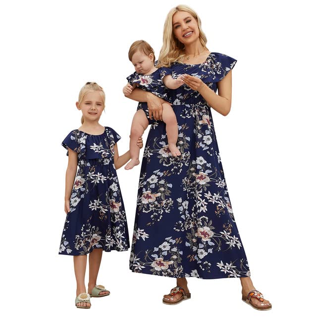 PopReal Mommy and Me Dresses Floral Printed Chiffon Bowknot Ruffles Short Sleeve Beach Mom Daughter Matching Outfits2