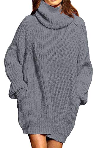 Pink Queen Damen Strickpullover Oversize Pulloverkleid Rollkragen Lose Taschen Langarm Lässig Longpullover Grau M