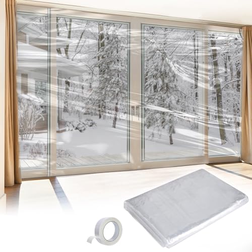 Apipi Patio Door Window Insulation for Winter - 87 × 118 in Thicken Sealing Plastic for Winterizing, Clear Shrink Film Cover Kit with Double-Side Tape for Patio Large Window/Sliding Door/French Door