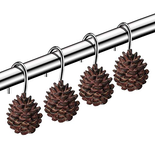 FINROS Set mit 12 Tannenzapfenringen für Duschvorhang, Set für Badezimmer, Rollbügel, rostfreie Chrom-Haken, tolle Dekoration für Zuhause und Hotel Cover
