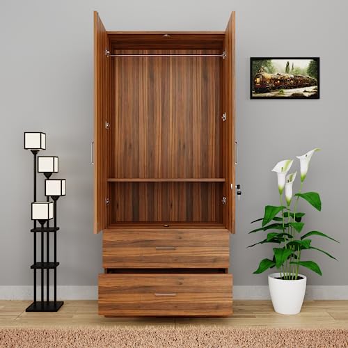 Image of VIKI Wardrobe | Wooden Almirah for Clothes,Door for Bedroom, 2 Door Wardrobe with Drawer & Hanging Space (Brussel Walnut - 40D x 80W x 180H) | 1 Year Warranty | Free Assembly