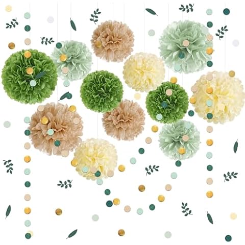 PAPER JAZZ Sage Green Party Decorations Sage Green Tissue Paper Pom Poms Circle Dots Garland Leaf Confetti Hanging Backdrop for Girl Women Birthday Baby Shower Bridal Shower Wedding Party Supplies Cover