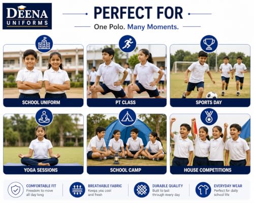 Image of Kids White Polo Neck T-Shirt | Half Sleeve Cotton Blend School Uniform Polo T-Shirt for Boys & Girls | PT Uniform, Sports, House Wear & Daily Activities