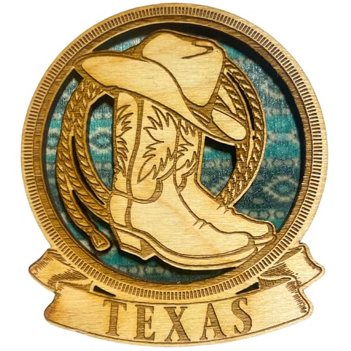 Imán de madera Texas con botas, sombrero y lazo, 3.25 x 2.75 in