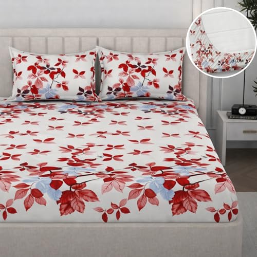 Image of 350 TC Premium Heavy Cotton Feel Elastic Fitted Bedsheet Queen Size with 2 Pillow Covers || Double Bed with All Around Elastic (White Flower, Fitted -60x78 Queen)