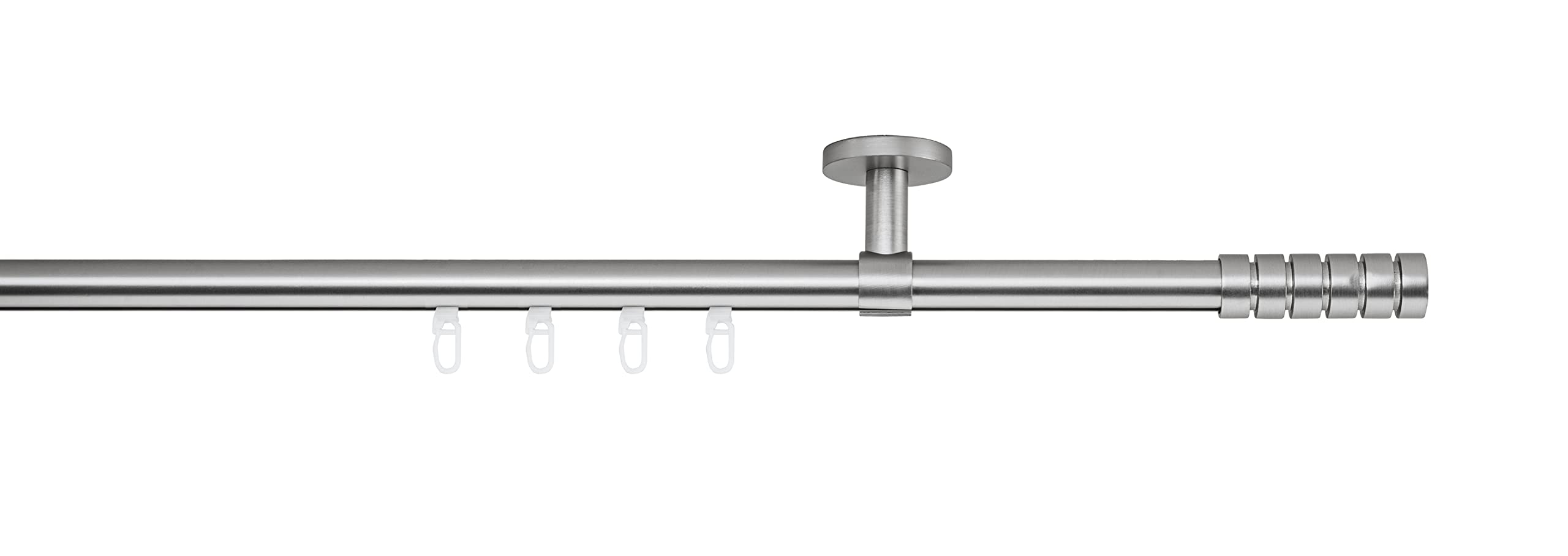 Gardinenstange auf Maß Innenlauf 20mm Rille 1-lauf Vorhangstange Deckenträger 4cm Stilgarnitur mit Gleiter für Vorhänge Edelstahl-Optik 110cm