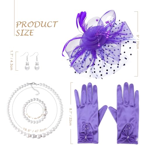 Image of DRESHOW 1920s Vintage Fascinators Hat for Women Veil Mesh Tea Party Derby Hat Bow Satin Gloves Pearl Jewelry Set for Cocktail