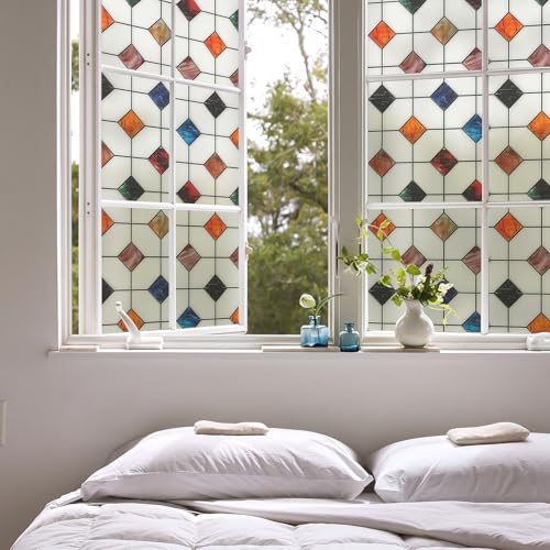 DKTIE Stained Glass Window Film Geometric Patterns, Fine Frosted Window Clings for Glass Windows, Waterproof for Bathroom Window Privacy Film Day and Night (S533, 17.7in X 78.7in)