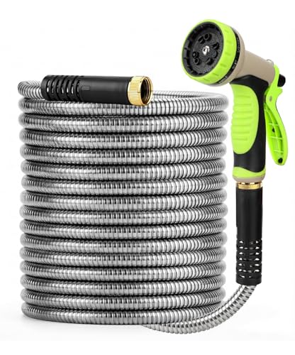 UNCO- Metal Garden Hose 25 ft Stainless Steel Heavy Duty Flexible Hose with 10-Function Spray Nozzle & 3 Extra Washers No-Kink Lightweight Puncture Proof for Outdoor Yard Lawn Plants Car Wash
