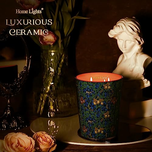 Homelights Scented Candle Large Ceramic Jar Candle 32Oz - Beautiful Designs With 3 Cotton Wicks, Smokeless Natural Soy Wax, Burns 110 Hours. Ideal For Bedroom, Kitchen, Bath - Sandalwood & Jasmine #TOP3