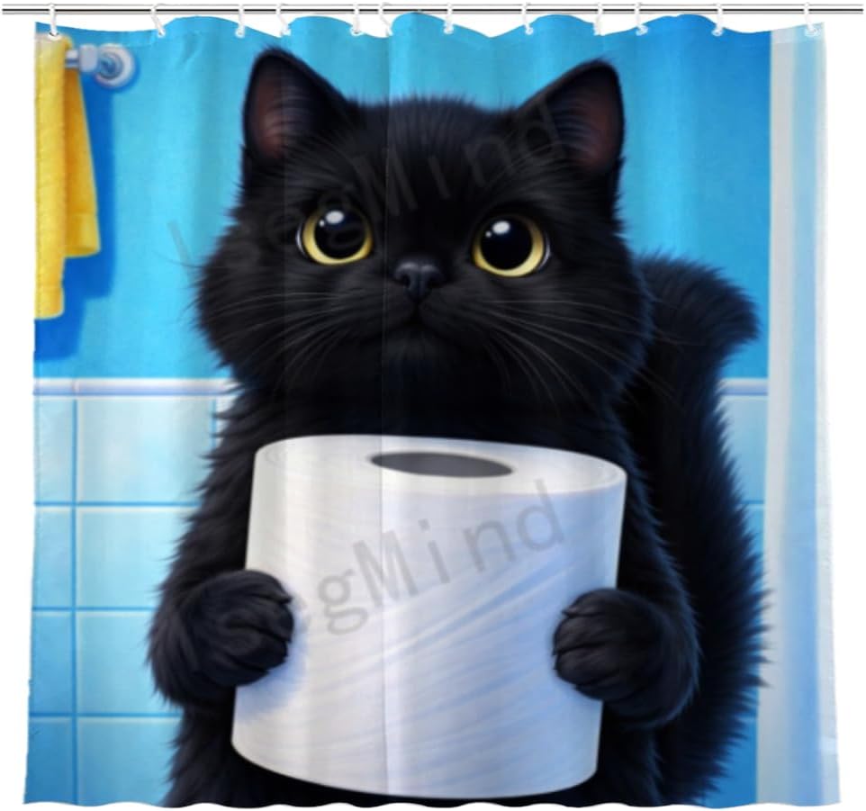 Funny Bathroom Shower Curtain 72x72 Inch, Cute Tuxedo Cat Holding Toilet Paper Roll, Playful Bath Humor Cartoon Bathroom Decor with 12 Hooks