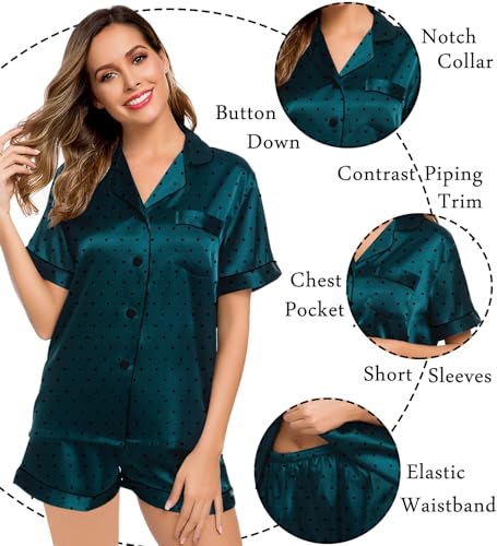 Image of LecGee Womens Silk Satin Pajamas Short Sleeve Loungewear Two-Piece Sleepwear Button-Down Pj Set Deep Green Dots Large
