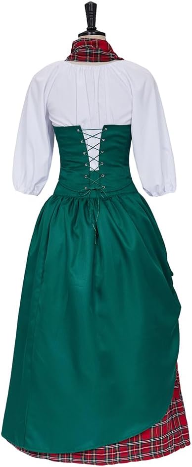 Christmas Caroler Costume Set Women Highland Scottish Plaid Dress Civil War Southern Belle Costume