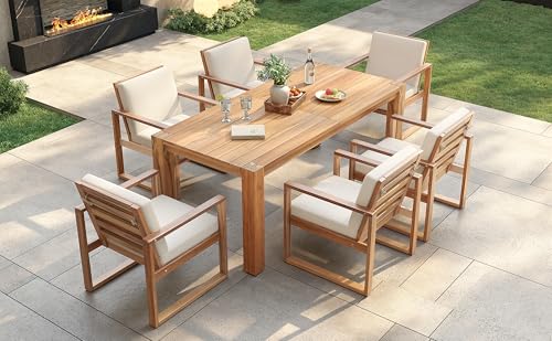 Image of Outdoor Patio Dining Table and Chairs Set for 6, 7 PCS Patio Furniture Set | Outdoor Dining Set for 6 with Umbrella Hole, Wood Frame with Removable Cushion for Garden, Backyard, Lawn and Poolside