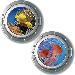 decalmile 2 Pcs Large 3D Porthole Under The Sea Wall Decals Jellyfish Ocean Fish Wall Stickers Baby Nursery Kids Bedroom Bathroom Wall Decor (Diameter: 43cm)