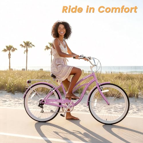 Image of MOONCOOL Beach Cruiser Bike for Women and Men, 24 /26 Inch 7-Speed Adult Bicycle, Comfortable Step-Through Frame with Rear Rack, Classic City Cruiser
