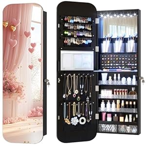 Vlsrka LED Ovaler Schmuckschrank Hängend, Türspiegel/Wandspiegel Schmuckschränk, Schmuckschrank mit Spiegel & Beleuchtung, Schmuckspielgelschrank Holz Abschließbarer, Gewölbter Spiegelschrank, Schwarz