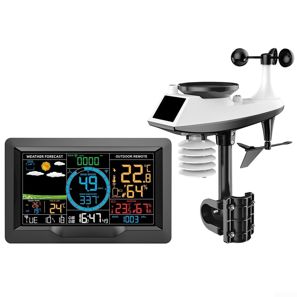 Wetterstation Funk mit Außensensor, Digital Thermometer Hygrometer, Echtzeitvorhersage, Wind Regen UV Monitor, Schlummerwecker, 100m Reichweite (A)