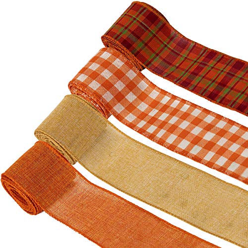 4 Pack Plaid Burlap Ribbon Rolls, Fall Wired Wrapping Burlap Ribbon with Harvest Thanksgiving Christmas Theme for Wrapping Gifts, Home Decoration and DIY(2.0in, 26yd)