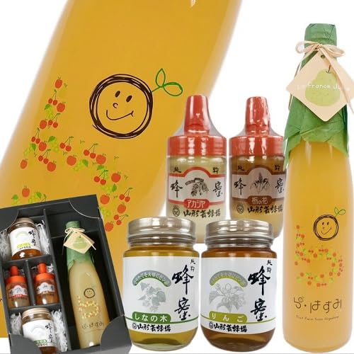 山形県産「果汁100%ラ・フランスジュース」と「4種のはちみつ」の詰合せ 【ラ・フランスジュース】500ml×1本 【はちみつ】りんご250g・シナの木250g・アカシヤ110g・栃の花110g×各1個 ※商品の箱・パッケージデザインが変更になる場合がござ