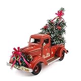 HAO Christmas Vintage Red Truck with Mini Christmas Trees Ornaments, Handcrafted Old Red Metal Pickup Truck Car Model for Christmas Decorations Table Top Decor (18inch)