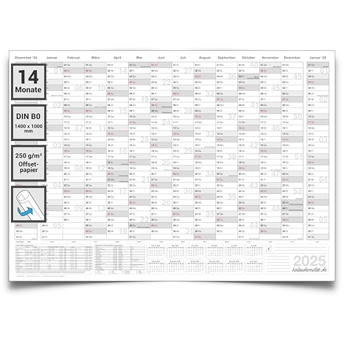 XXXL Jahresplaner 2025 DIN B0 Wandkalender 140x100cm, 14 Monate, großer Wandplaner auf Deutsch, Kalender für Büro & Zuhause, 250g Papier gerollt, Jahreskalender grau – Kalenderoutlet