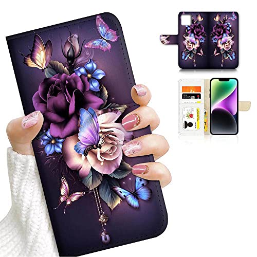 Ajourtek For Iphone 14 Art Designed Flip Wallet Style Cover Case Fancy Flower Full Body Protection Ad003 (#24886 Purple Rose Flower) #TOP3