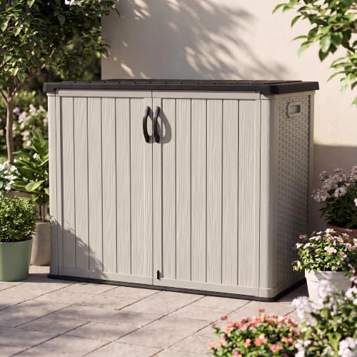 Image of Devoko 26 Cu Ft Resin Outdoor Storage Cabinet with Lockable Doors, Beige | Horizontal Storage Shed Waterproof Patio Tools Storage Box, Easy to Assemble for Backyards,Patios, Pools, Gardening Tools