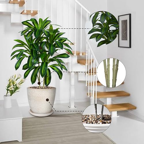 2 Pack Artifical Dracaena Tree Indoor, 4FT Tall Fake Floor Plants with White Planter & Pebbles, Fuax Silk Yucca Tree for Home Office Living Room Bedroom Farmhouse Modern Outdoor Topiary Tree - Image 3
