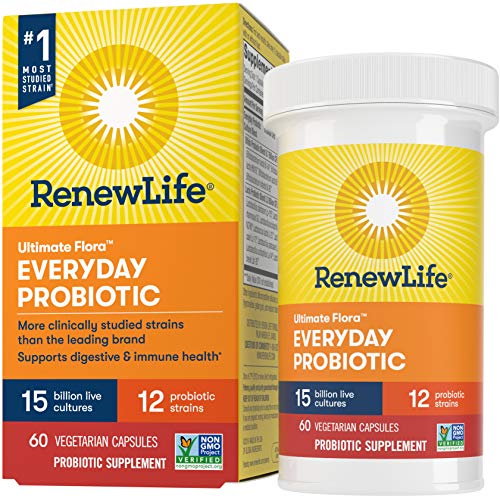 Renew Life Adult Probiotic - Ultimate Flora Everyday Probiotic, Shelf Stable Probiotic Supplement - 15 Billion - 60 Vegetable Capsules (Packaging May Vary)