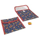 ✅ PORTA MASCARILLAS INFANTIL 👉 Estampado Unisex Superhéroes Azul. Color de Contorno Rojo.