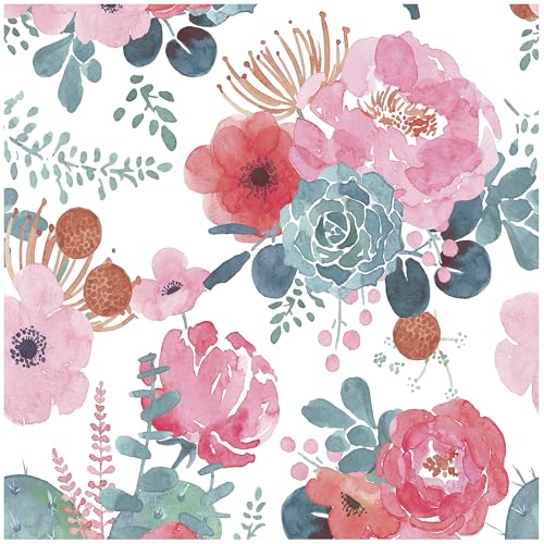 HAOKHOME White Floral Peel and Stick Wallpaper Peony Botanical Wall Paper for Nursery Bedroom Bathroom, Pink Green Flower Removable Vinyl Contact Paper for Powder Room Cabinet, 17.3in x 118in