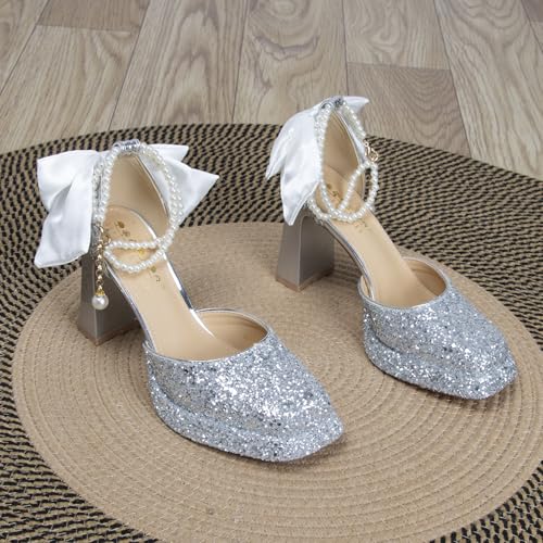Women's Pearl Ankle Strap High Heels with Bow Black Platform Heels for Women Closed Toe Red Gold Silver Glitter Formal Party Dress Block Pumps Shoes Comfortable2