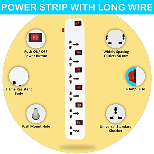 Image of FEDUS 32.8 Feet Long Extension Board Extension Box | Spike Guard 6 Socket 6 Switch Junction Box with Switch, Extension Cords Cord, Spike Buster, Extension Board with 4m Wire (6 Socket 6 Switch)