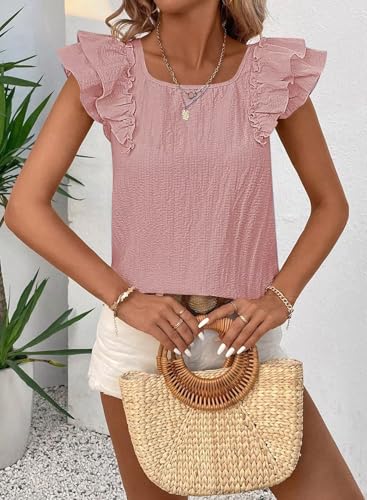 Image of Falechay Womens Bow Tie Back Tops Round Neck Ruffle Short Sleeve Shirts Cute Babydoll Chiffon Tee Women Summer Trendy Tunic