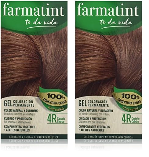 Farmatint Gel 4R Castaño Cobrizo, Tinte Vegetal Permanente, Sin Amoníaco, Cobertura Completa de Canas, Cuida y Protege tu Cabello, Unidad de 170ml, El embalaje puede variar (Paquete de 2)
