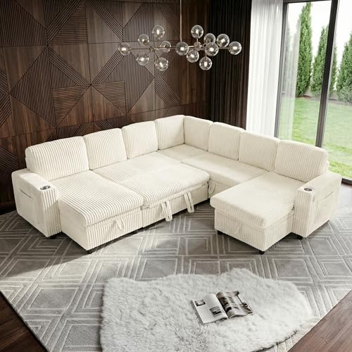 Image of Sleeper Sectional Couch, Sleeper Sofa Bed with Pull Out Bed, Oversized Corduroy Couch for Living Room, Bedroom and Apartment, Modular Corner Sofa with Storage, Beige