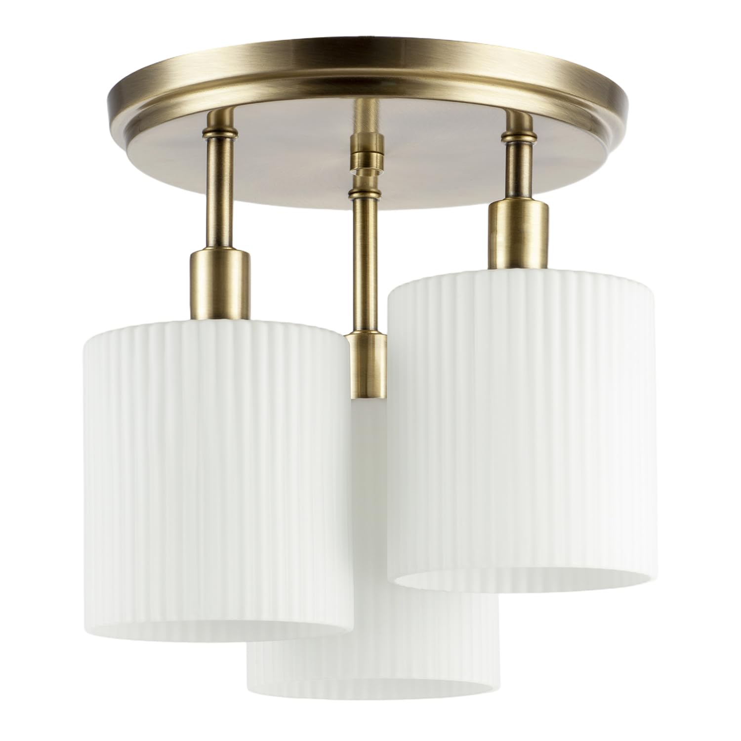 Happy Homewares Matte Antique Brass Semi Flush Ceiling Light with Fluted Opal White Glass Shades | 27cm x 27cm x 27cm | Art Deco and Mid Century Design